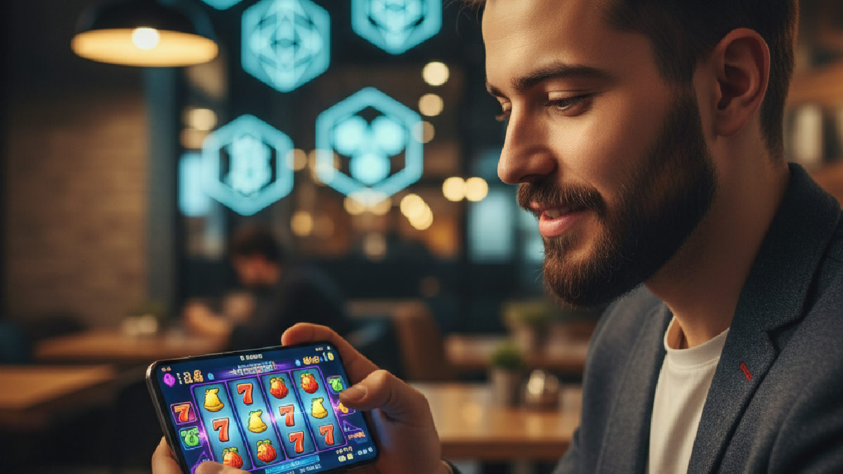 Spino'nun mobil platformunda yeni slot oyunları oynayan bir kişi.